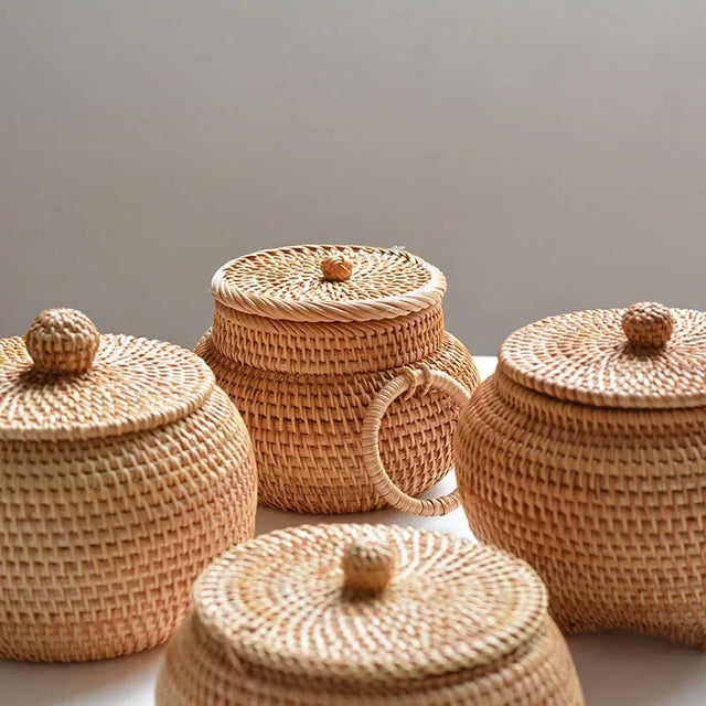 New Round Rattan Boxes with Lid Hand-Woven Multi-Purpose Tray