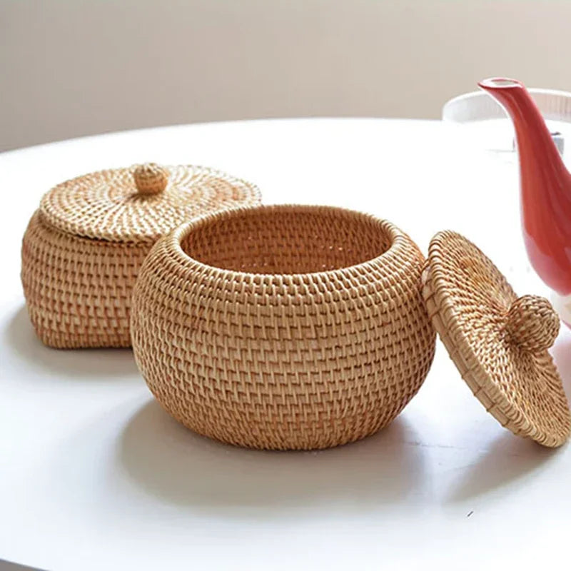 Up Desktop Organizer Multi-purpose Wicker Round Storage Box