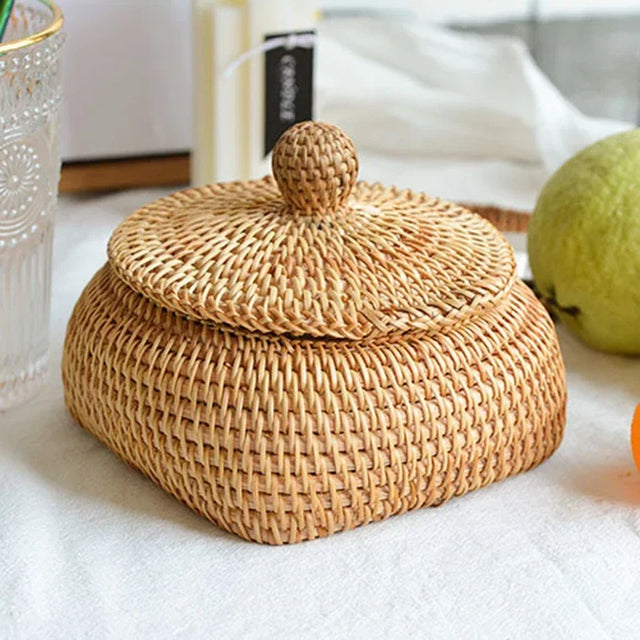 New Round Rattan Boxes with Lid Hand-Woven Multi-Purpose Tray