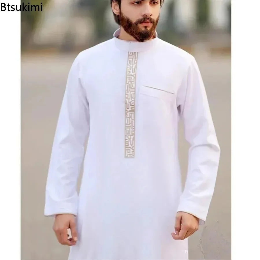 New 2024 Arab Men's Robe Abaya White Muslim Printed Clothing Men's Robe Long Dress Abaya Muslim Clothes for Men