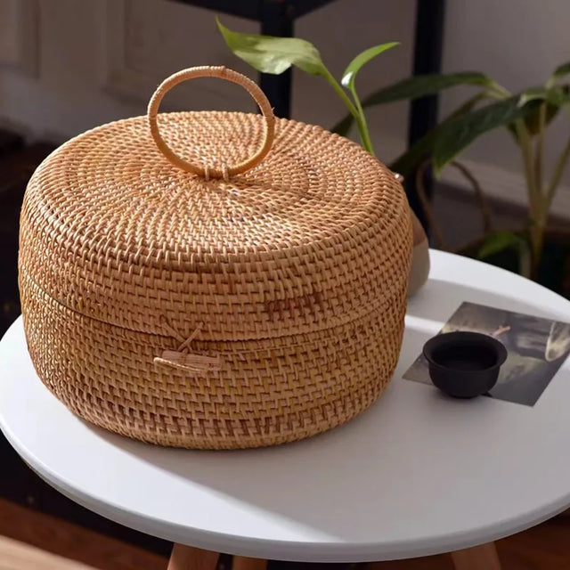 New Rattan Storage Box with Cover Handwoven Tray Basket