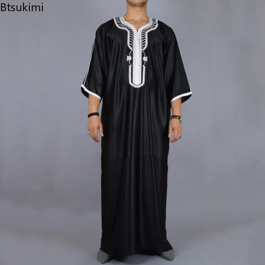 New 2024 Arab Men's Robe Abaya White Muslim Printed Clothing Men's Robe Long Dress Abaya Muslim Clothes for Men