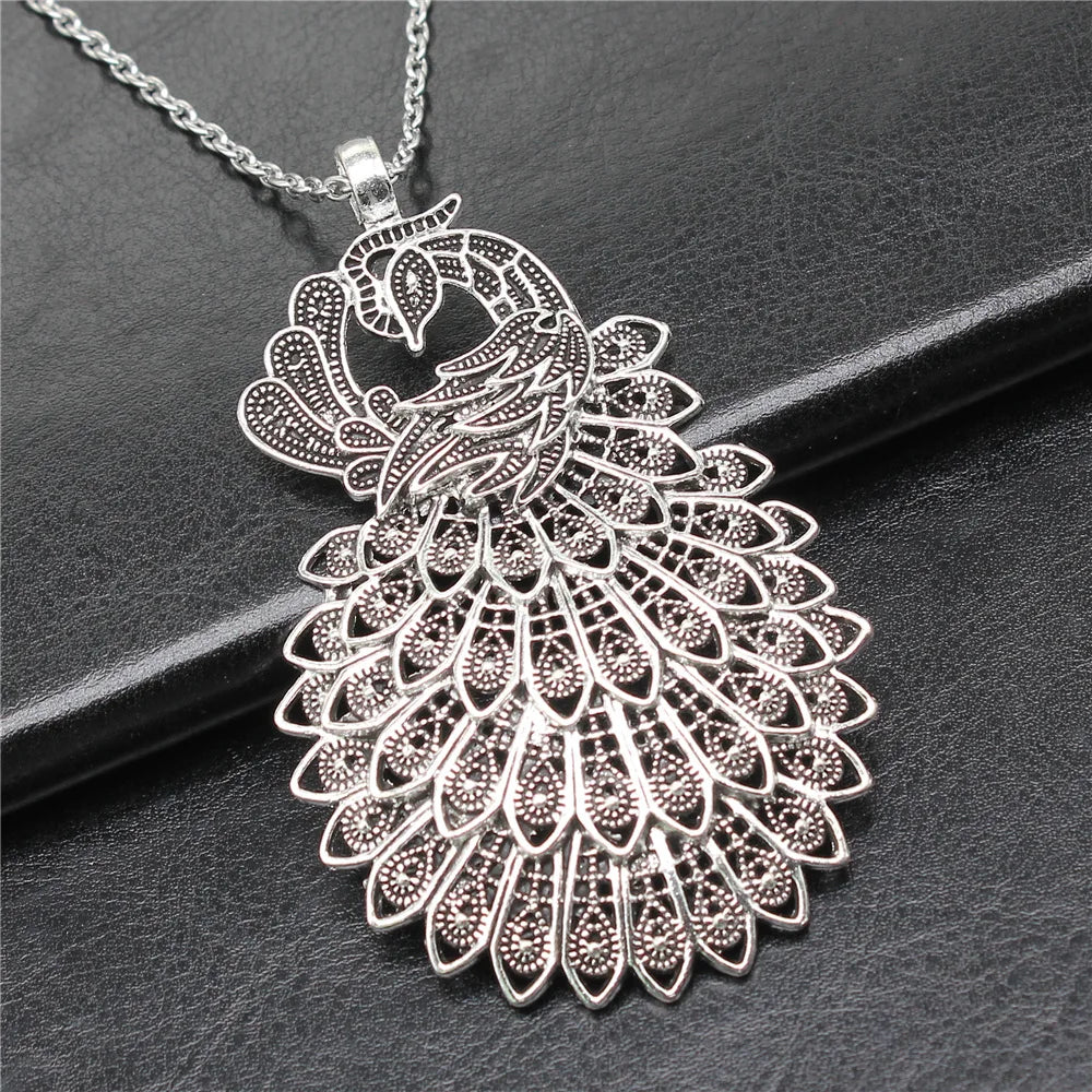 Dropshipping Antique Silver Plated 86x53mm Big Peacock Pendant Necklace For Women Men Long Chain Trendy Jewelry Accessories