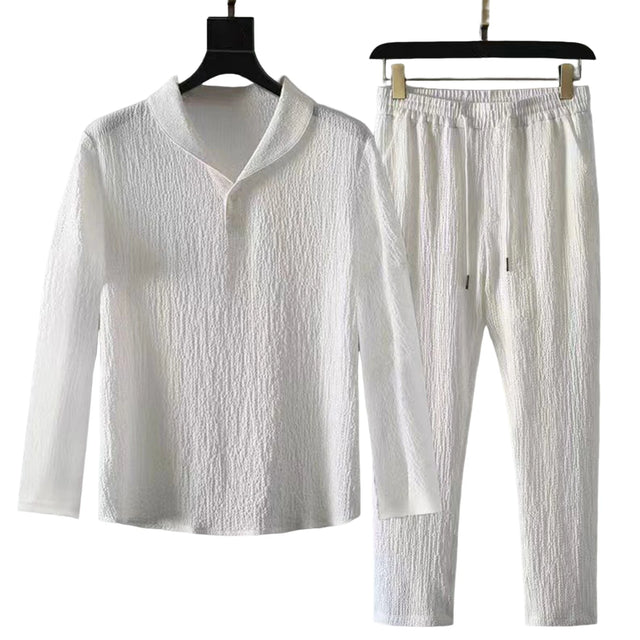 2Pcs/Set Summer Men's Suit Elastic Waistband Pleated Casual Outfit Men Business Short Sleeve Shirts Long Pants Set Male Clothing