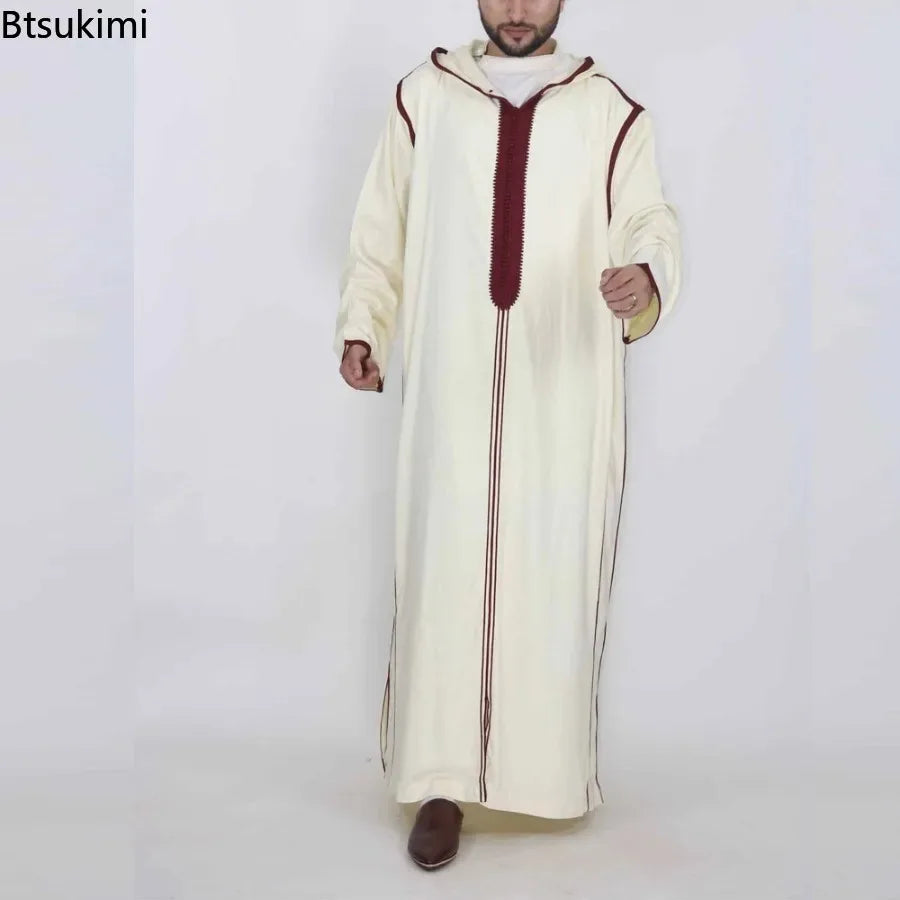 New 2024 Arab Men's Robe Abaya White Muslim Printed Clothing Men's Robe Long Dress Abaya Muslim Clothes for Men
