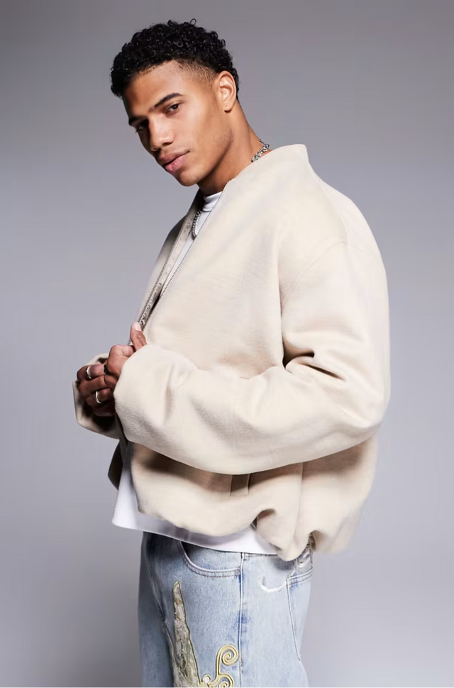 Wool look v-neck hot jacket in mushroom mid wash