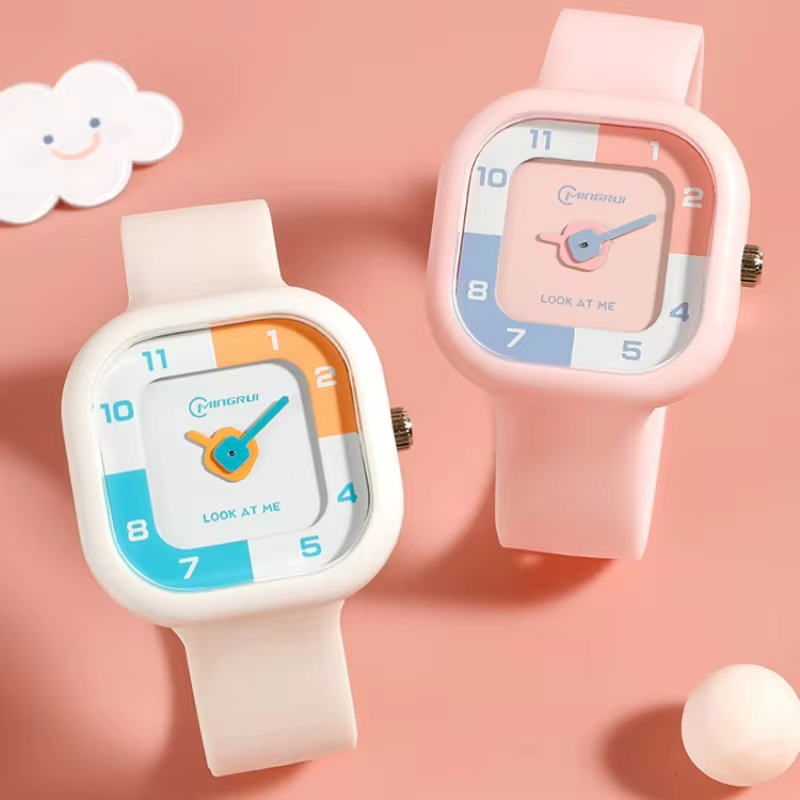 Square Students Watch Boys and Girls Simple 3 Bar Waterproof Sports Watches Silicone Strap Candy Color Creative Dial Kids