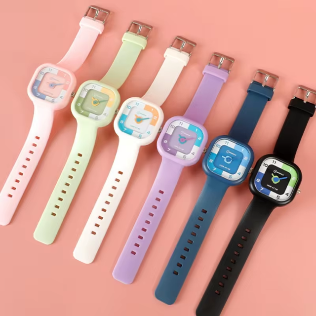 Square Students Watch Boys and Girls Simple 3 Bar Waterproof Sports Watches Silicone Strap Candy Color Creative Dial Kids