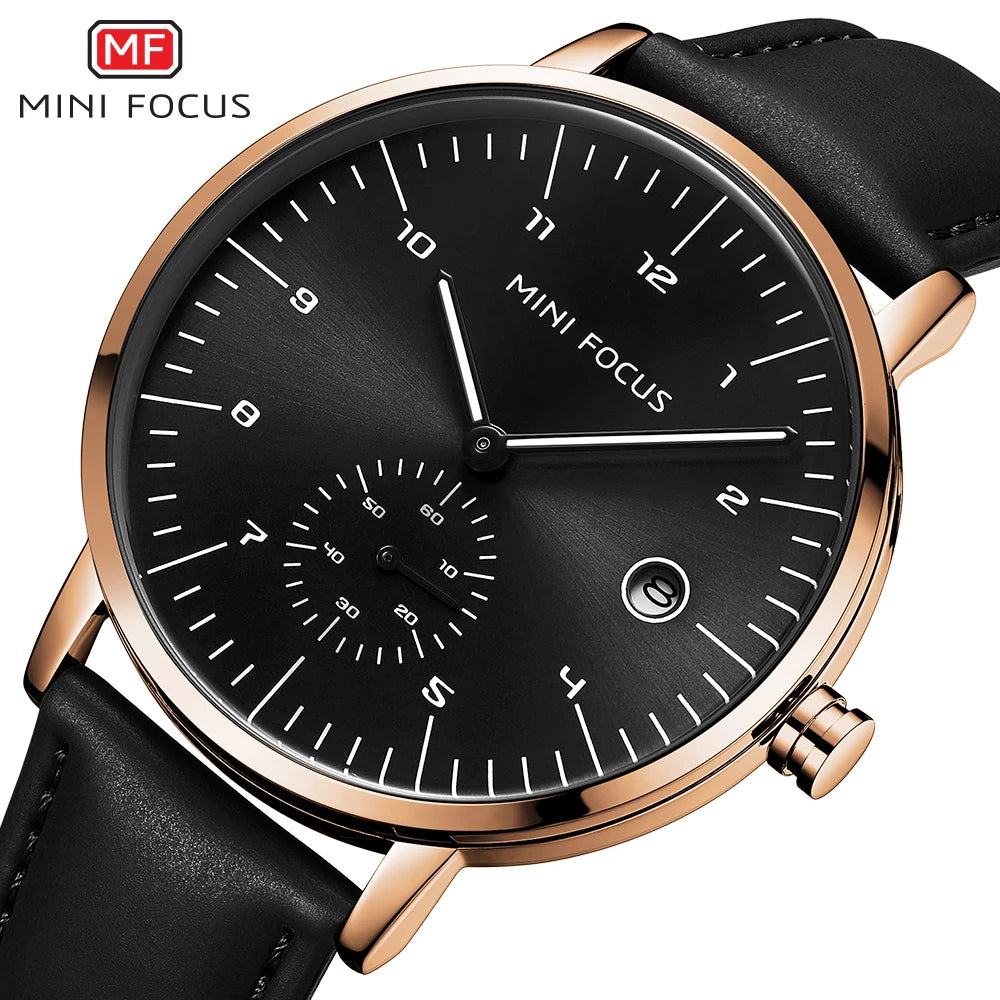 MINI FOCUS Classic Black Leather Watch Men Luxury Top Brand Wristwatch Man Waterproof Business Watches