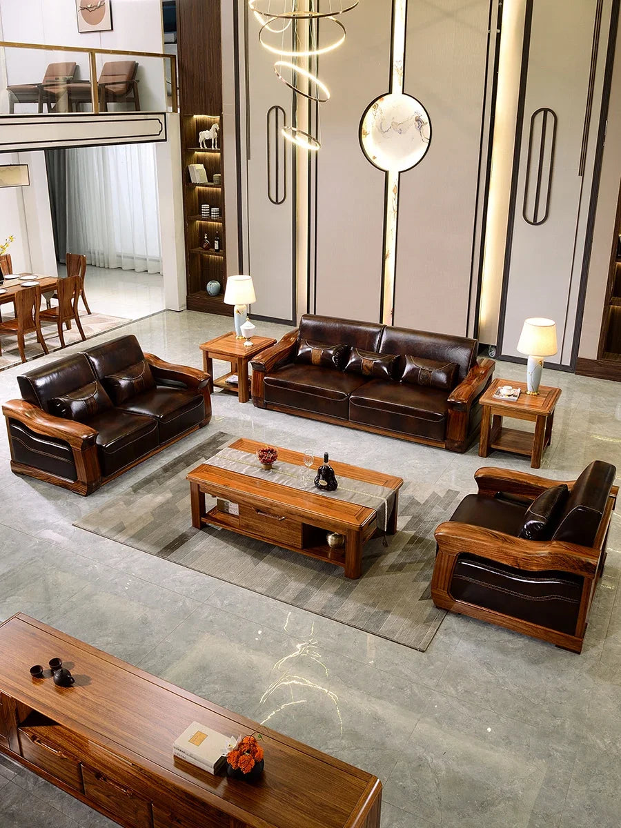 Modern Chinese Ebony sofa all solid wood leather sofa set living room light luxury solid wood furniture