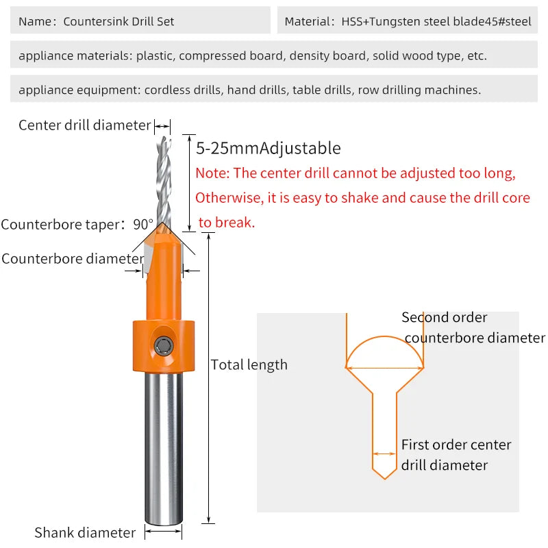 HUHAO 8mm Shank Counter Sink Drill Bit for Woodworking HSS Screws Countersinking Drills Carpentry Tool