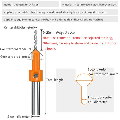 HUHAO 8mm Shank Counter Sink Drill Bit for Woodworking HSS Screws Countersinking Drills Carpentry Tool