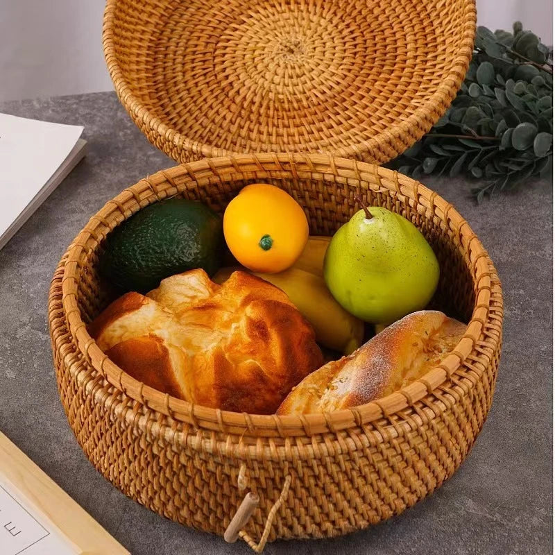 New Rattan Storage Box with Cover Handwoven Tray Round Wicker Basket Bread Food Plate Fruit Cake Platter Dinner Serving Tray