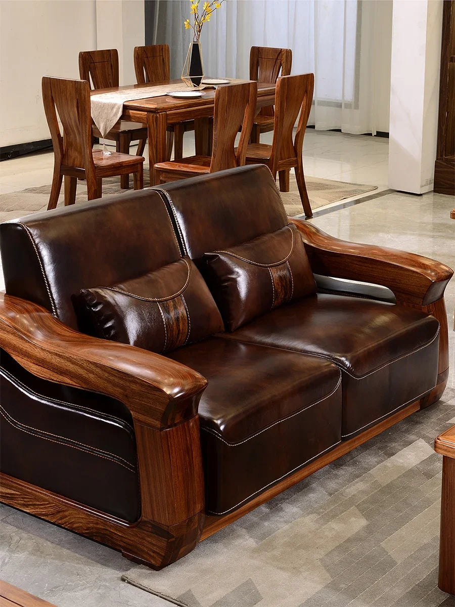 Modern Chinese Ebony sofa all solid wood leather sofa set living room light luxury solid wood furniture