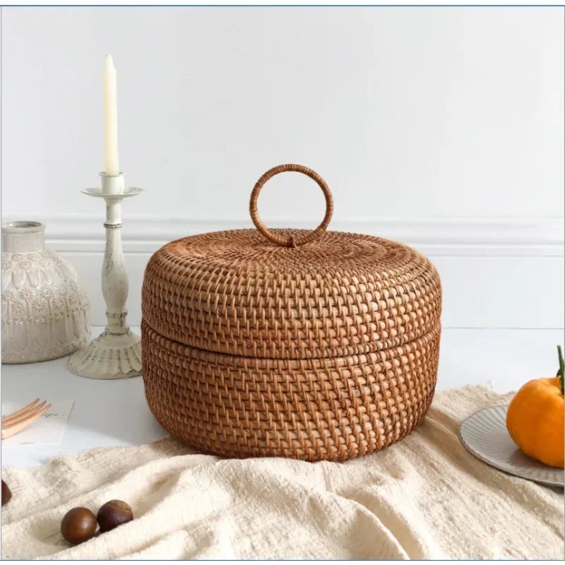 New Rattan Storage Box with Cover Handwoven Tray Basket