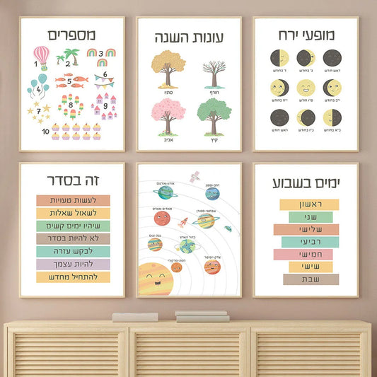 Hebrew Educational Number Shape Time Weather Boho Poster Nordic Wall Art Print Canvas Painting Pictures