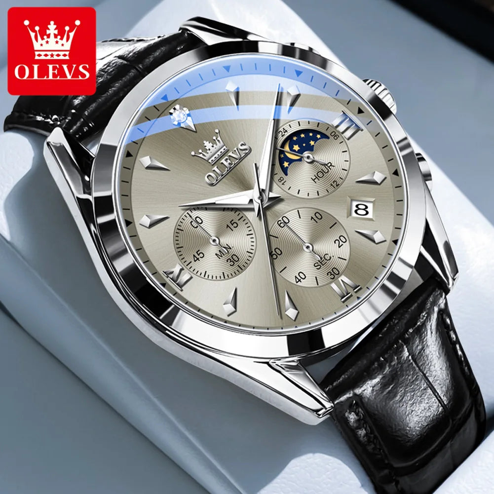 OLEVS Luxury Leather Strap Waterproof Luminous Chronograph Moon Phase Original Quartz Watch for Men