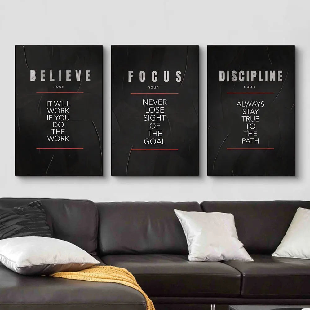 Motivational poster defines "Believe, Discipline, Focus" on canvas for inspirational room decor.