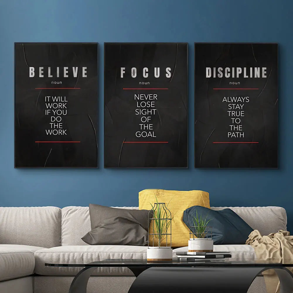 Motivational poster defines "Believe, Discipline, Focus" on canvas for inspirational room decor.