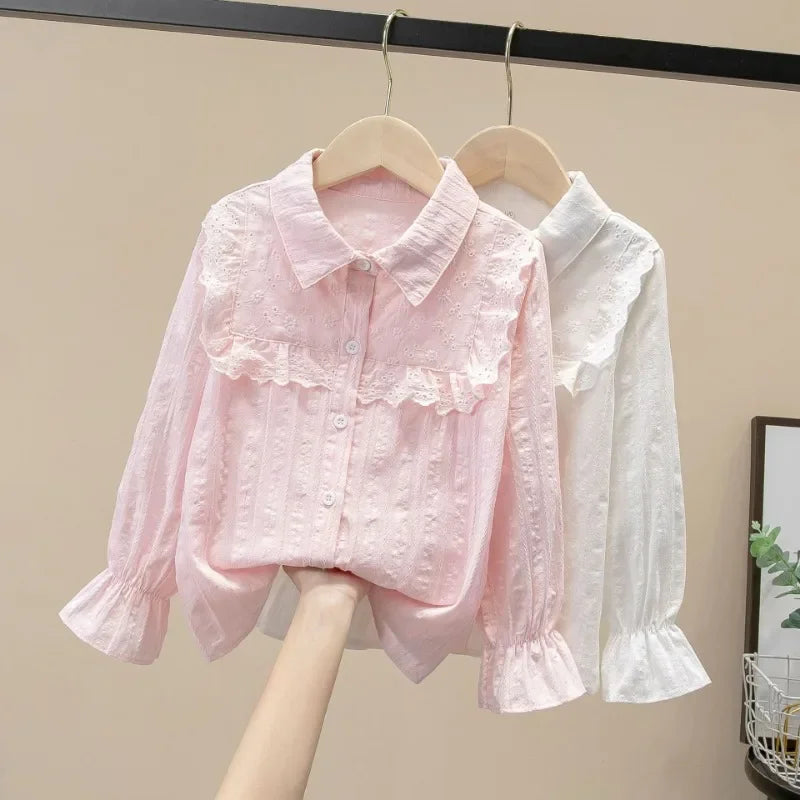 2024 Spring Autumn Long Sleeve Kids Shirts School Girl Shirt Baby Toddler Teen Girls Lace