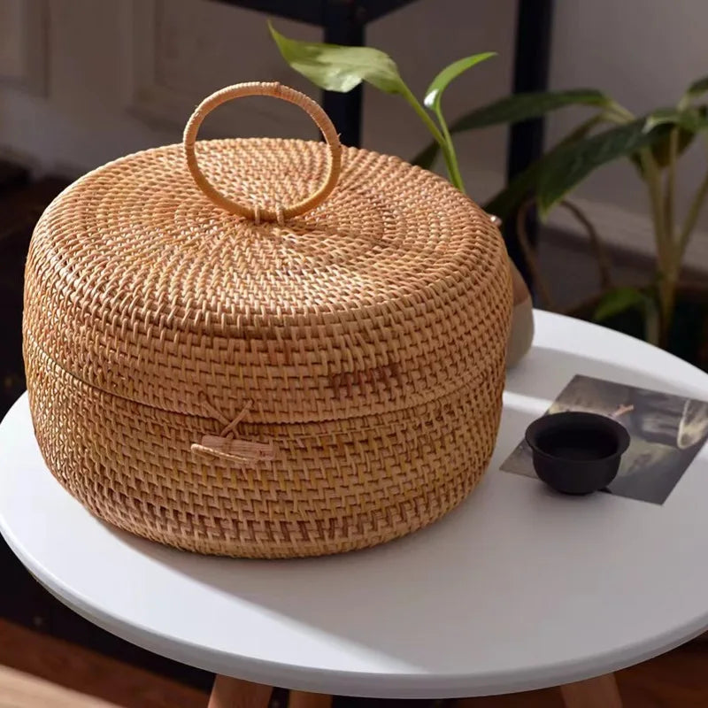 New Rattan Storage Box with Cover Handwoven Tray Basket