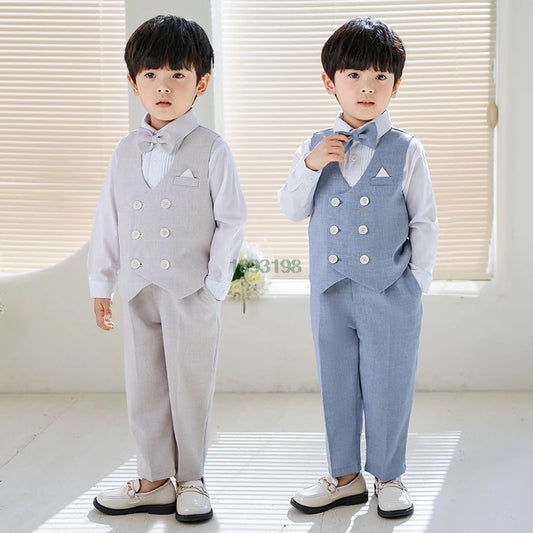 Boys Spring Plaid Vests Dress Suits Kids Performance Birthday Wedding Photography Costume