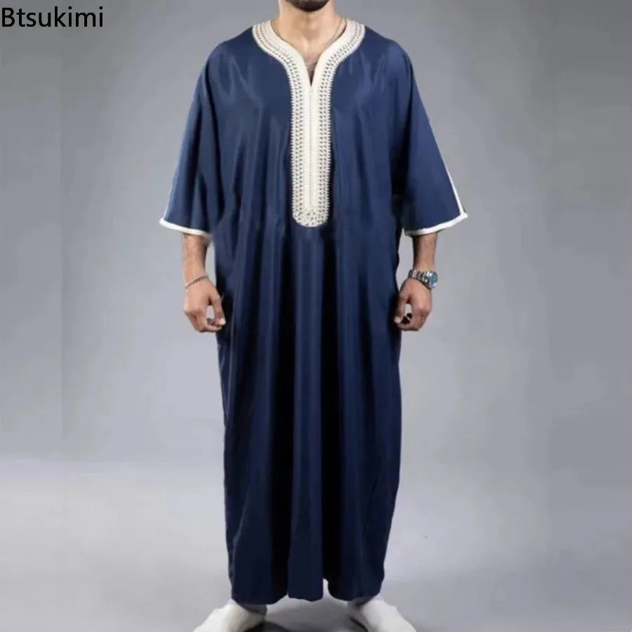 New 2024 Arab Men's Robe Abaya White Muslim Printed Clothing Men's Robe Long Dress Abaya Muslim Clothes for Men