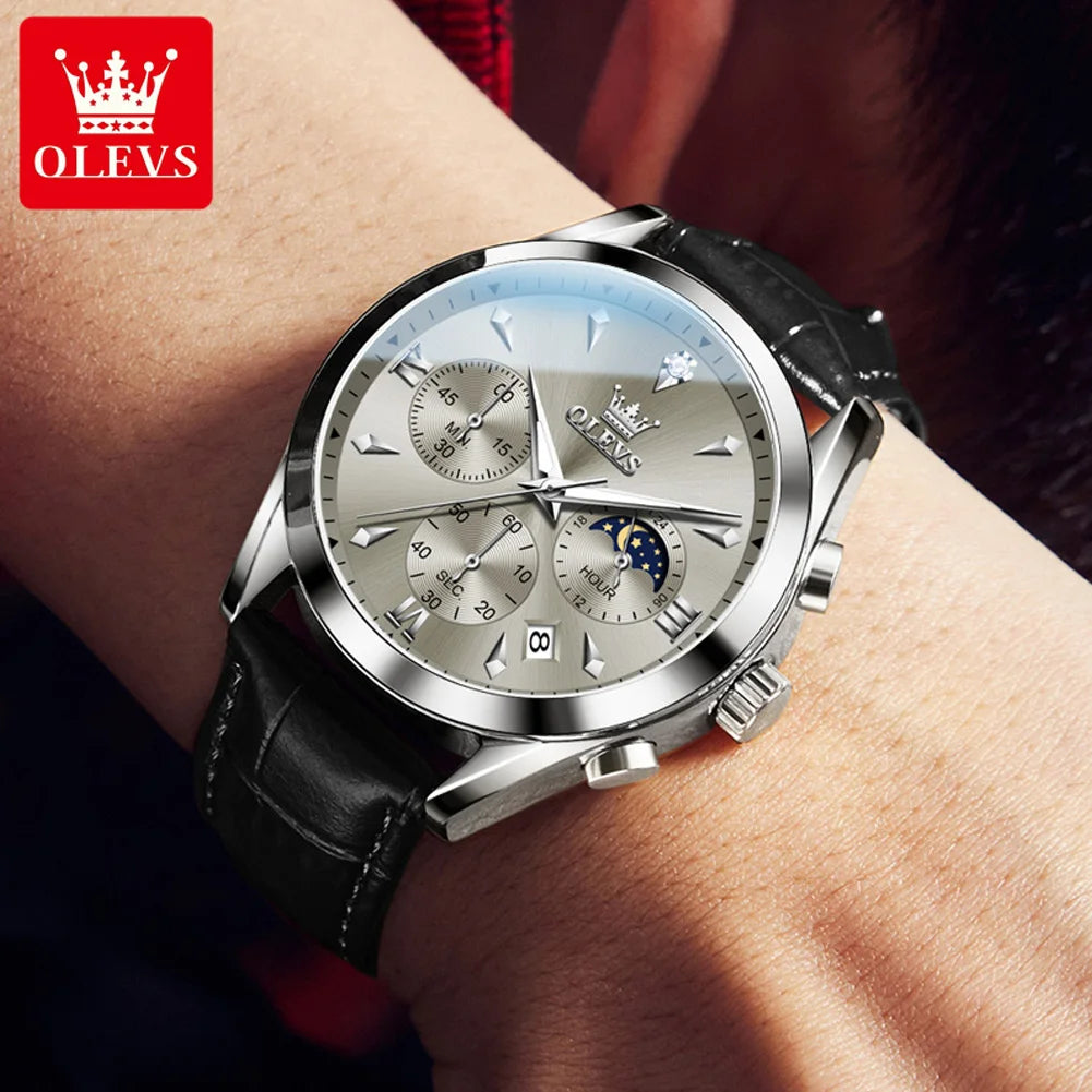 OLEVS Luxury Leather Strap Waterproof Luminous Chronograph Moon Phase Original Quartz Watch for Men