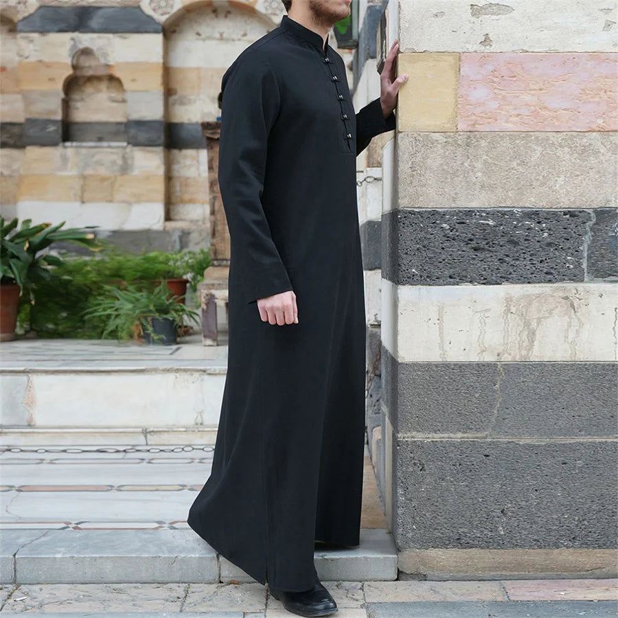 Muslim Robe Men Jubba Thobe Saudi Arabia Kaftan Black Stand Collar Abaya Qamis Caftan Islamic Men's Clothing Islam Dress Eid