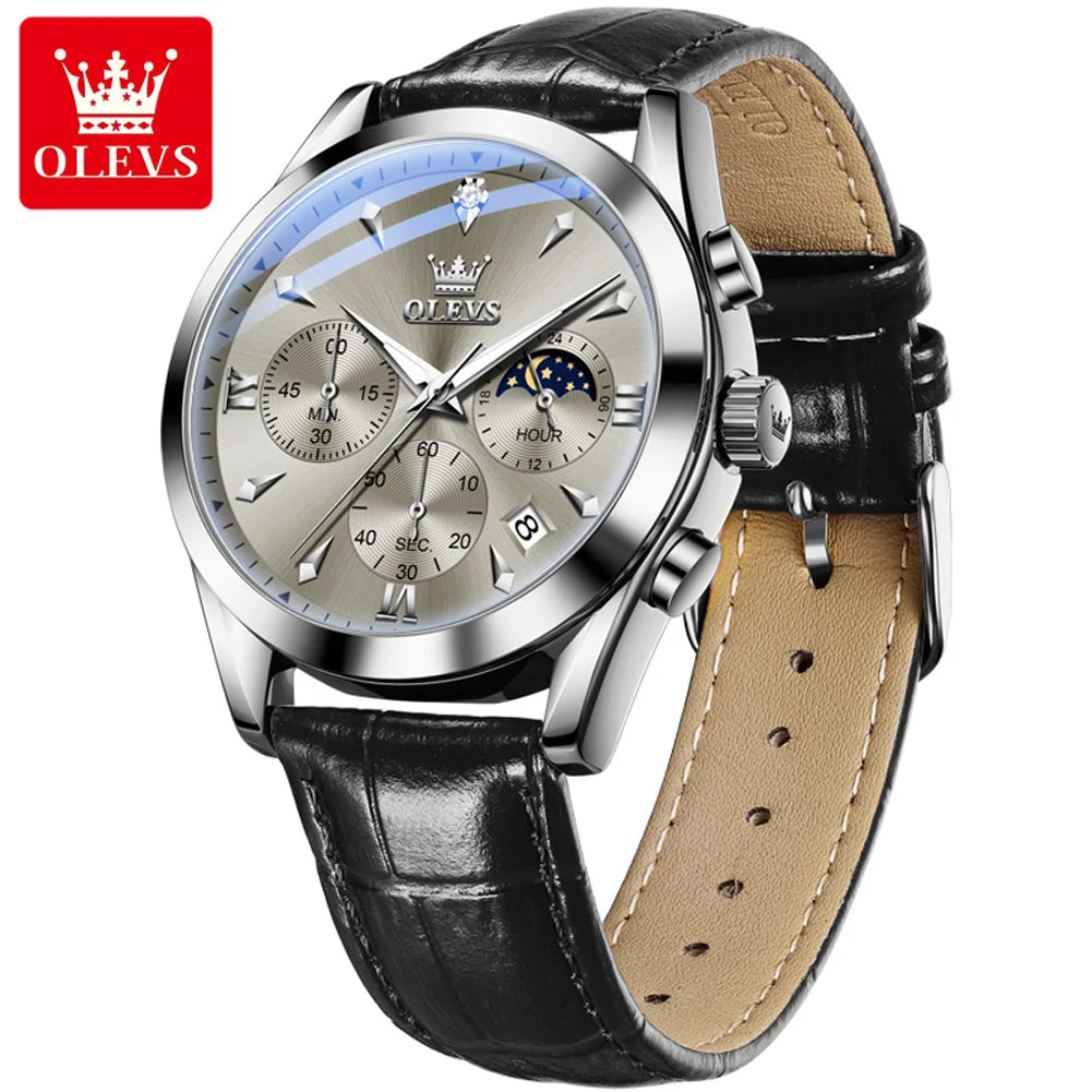 OLEVS Luxury Leather Strap Waterproof Luminous Chronograph Moon Phase Original Quartz Watch for Men