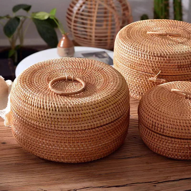 New Rattan Storage Box with Cover Handwoven Tray Basket