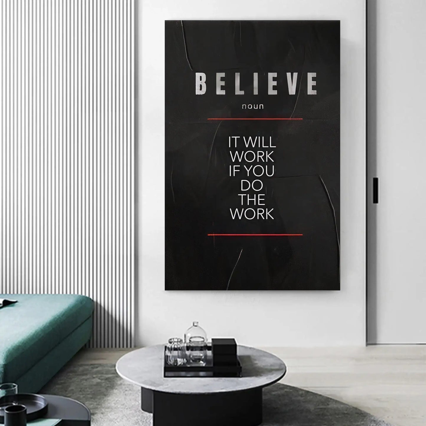 Motivational poster defines "Believe, Discipline, Focus" on canvas for inspirational room decor.