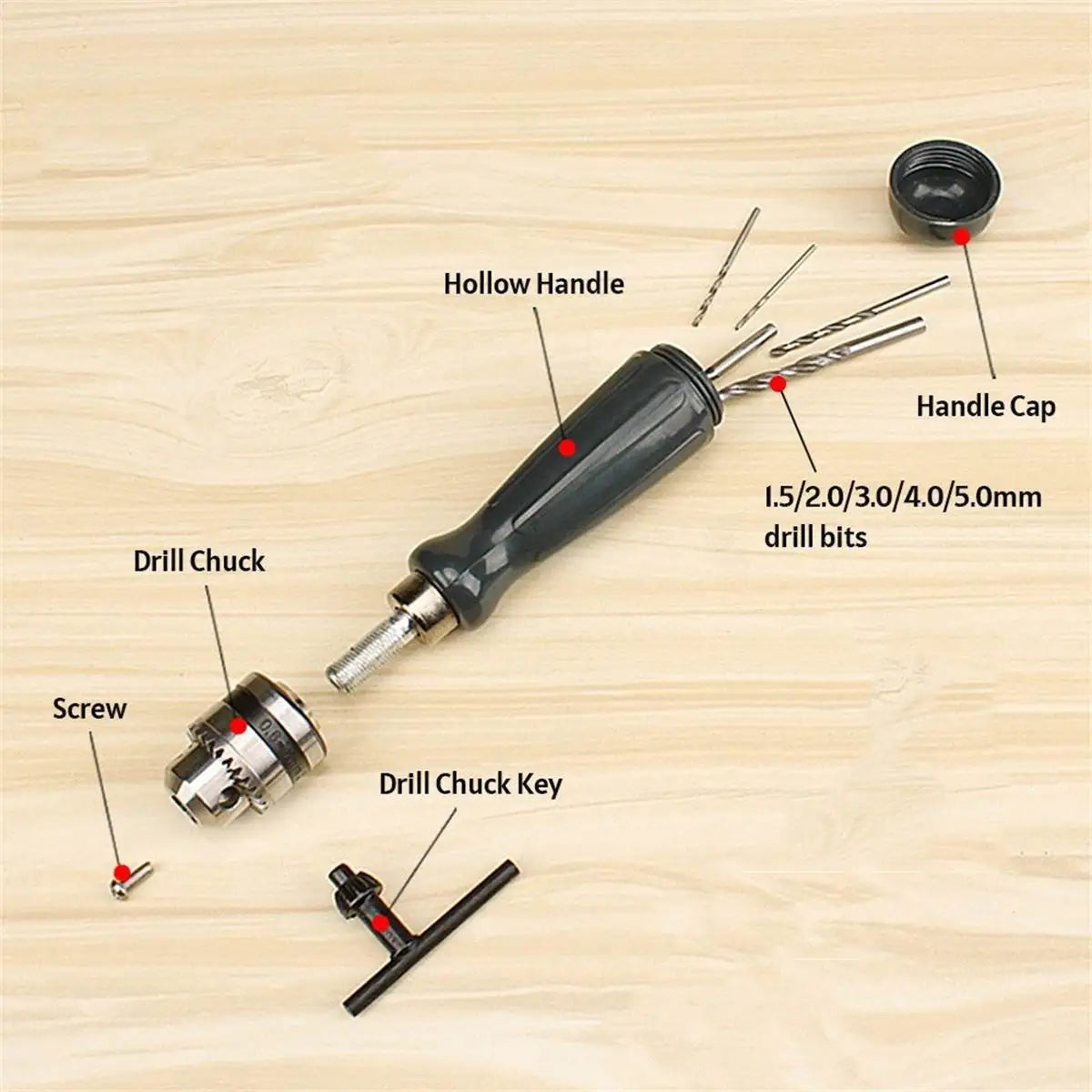 7 in 1 Hand Drill Bits Set Manual Tool Pin Vises with 5 Pcs Twist Drill Bits Chuck Key Hollow Storage Box Woodworking Tool