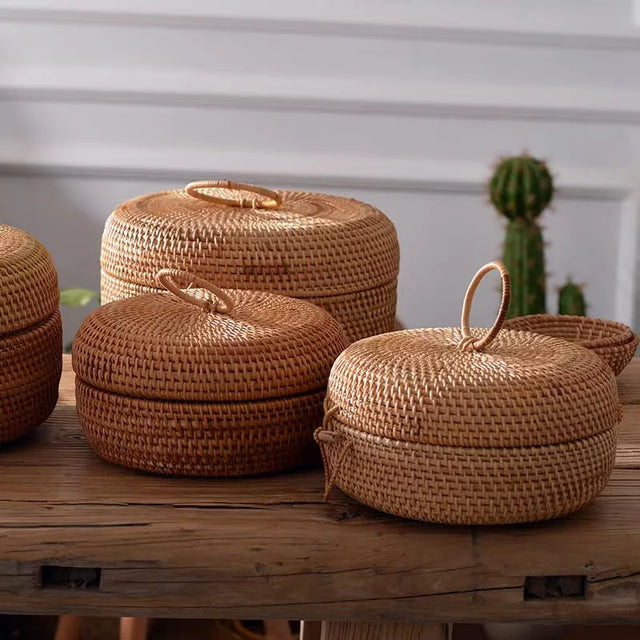 New Rattan Storage Box with Cover Handwoven Tray Basket