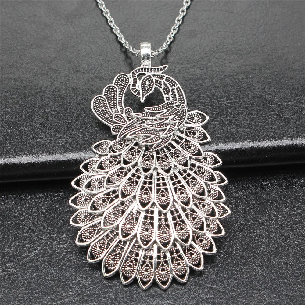 Dropshipping Antique Silver Plated 86x53mm Big Peacock Pendant Necklace For Women Men Long Chain Trendy Jewelry Accessories