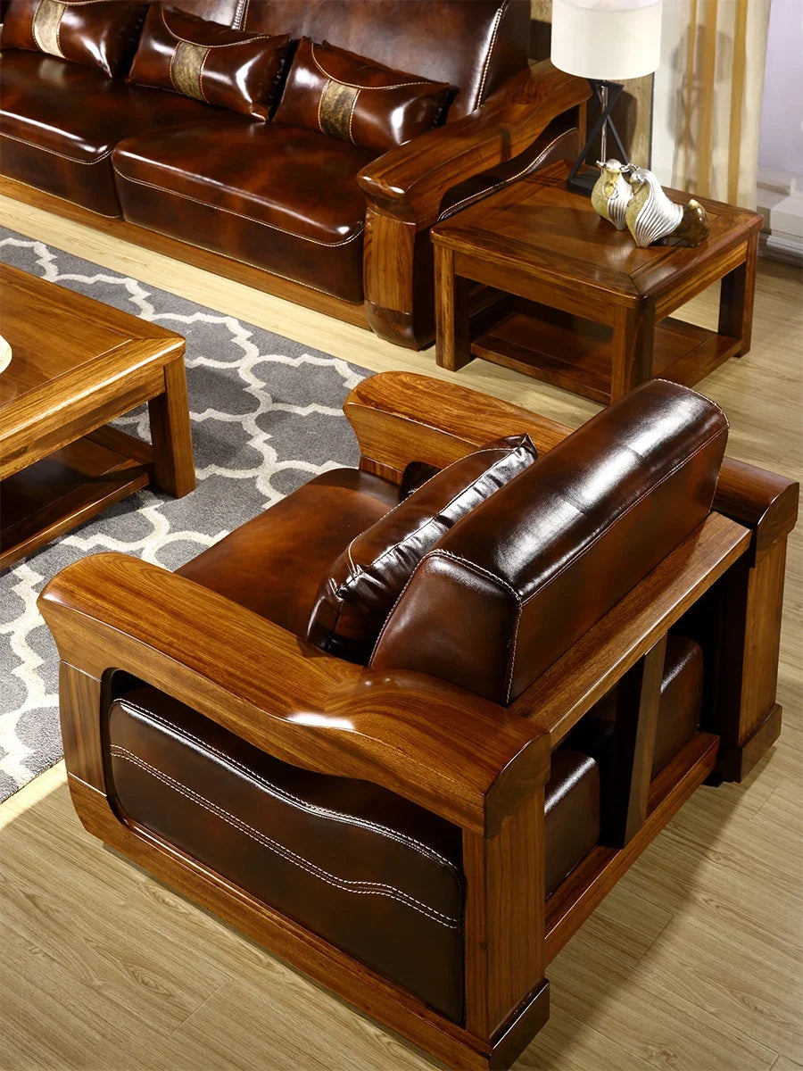 Modern Chinese Ebony sofa all solid wood leather sofa set living room light luxury solid wood furniture