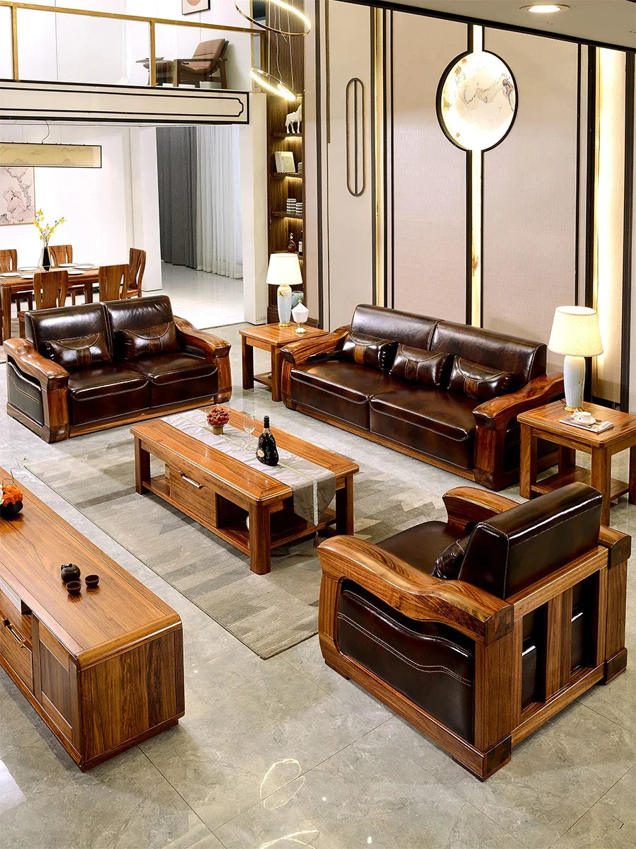 Modern Chinese Ebony sofa all solid wood leather sofa set living room light luxury solid wood furniture