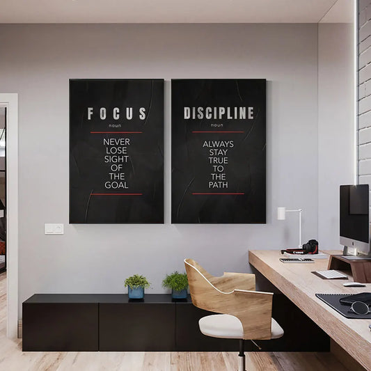 Motivational poster defines "Believe, Discipline, Focus" on canvas for inspirational room decor.