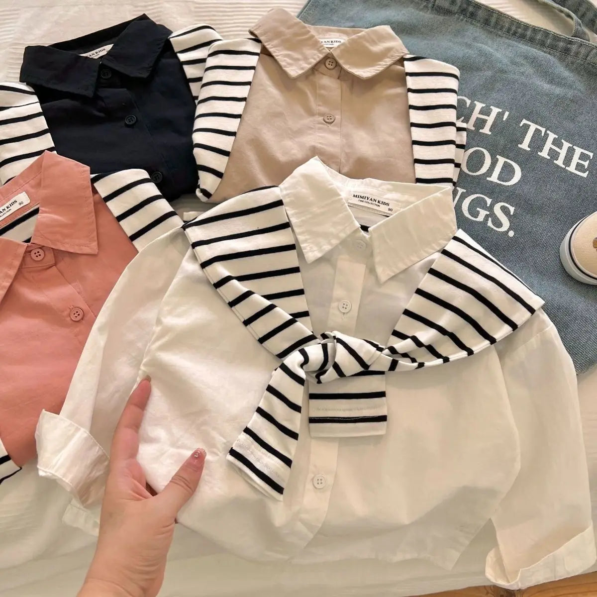 Children's Shirt 2023 Spring and Autumn New Fake Two Piece Solid Color Shawl Shirt