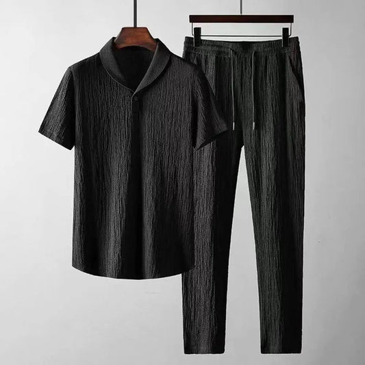 2Pcs/Set Summer Men's Suit Elastic Waistband Pleated Casual Outfit Men Business Short Sleeve Shirts Long Pants Set Male Clothing