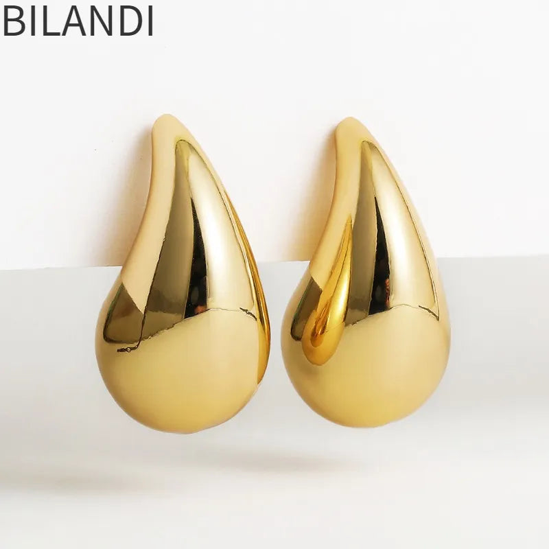 Bilandi Vintage Temperament Gold Color Chunky Dome Drop Earrings for Women Glossy Teardrop  Lightweight Hoops Fashion Jewelry