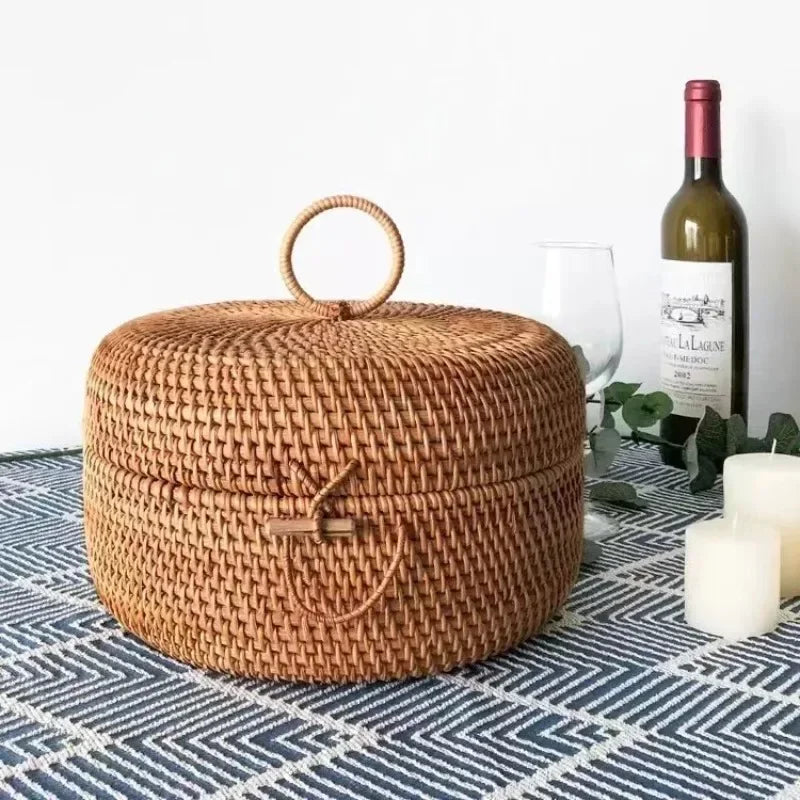 New Rattan Storage Box with Cover Handwoven Tray Basket