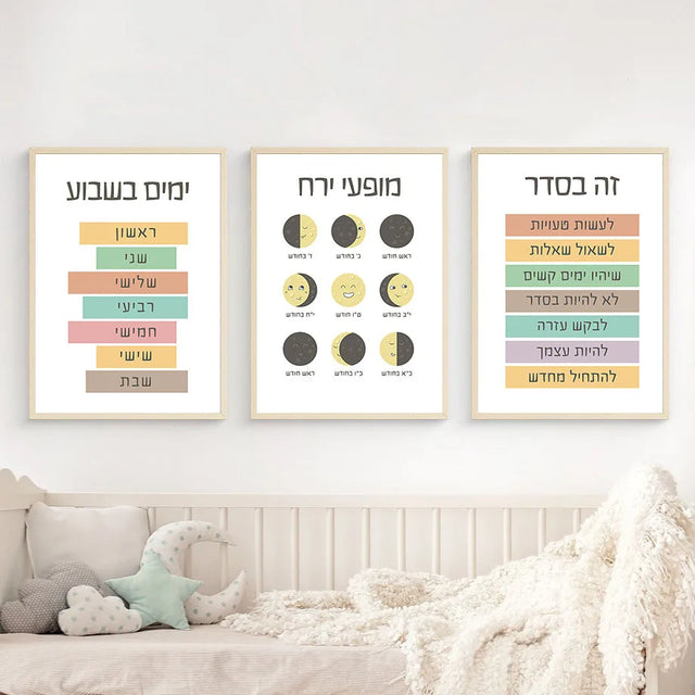 Hebrew Educational Number Shape Time Weather Boho Poster Nordic Wall Art Print Canvas Painting Pictures