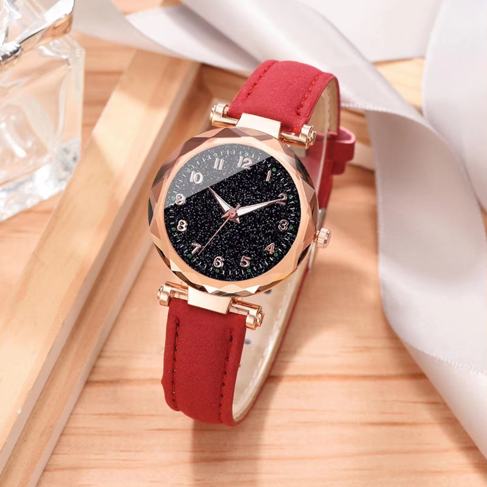 Women Elegant Watch Bracelet Set Rhinestones Bracelet PU Leather Watch Belt for Valentines Day