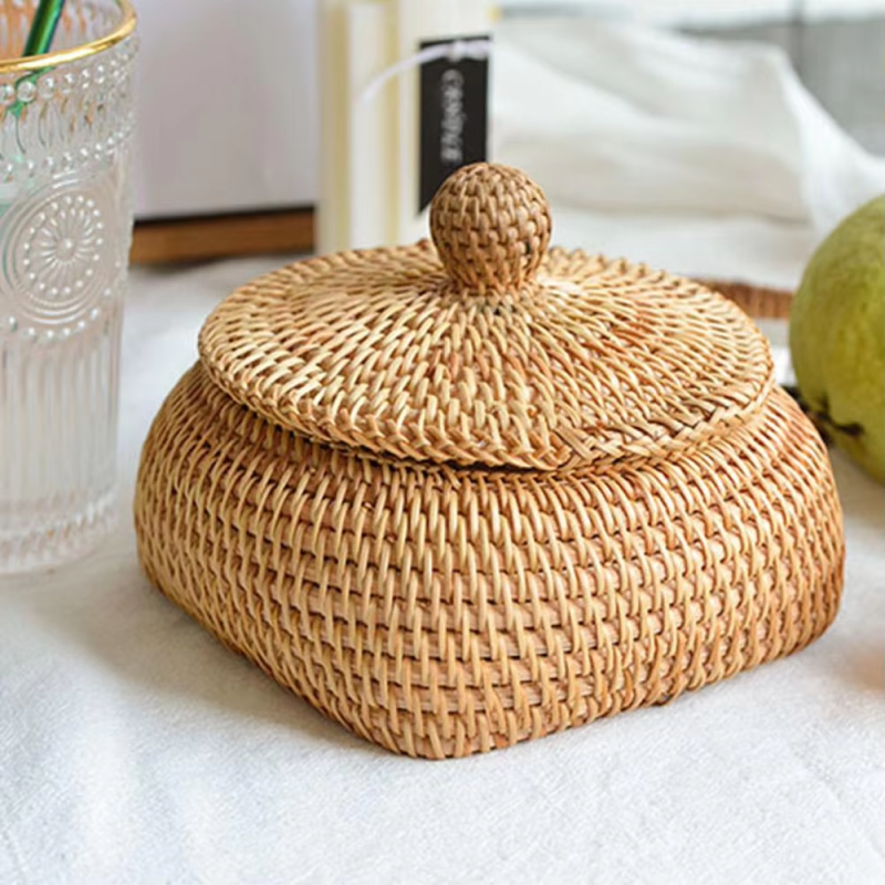 New Round Rattan Boxes with Lid Hand-Woven Multi-Purpose Tray