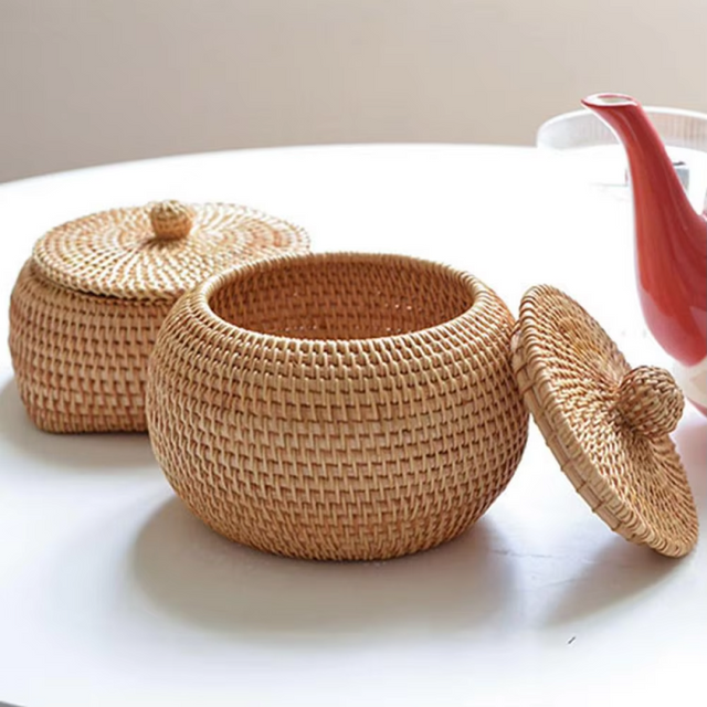 New Round Rattan Boxes with Lid Hand-Woven Multi-Purpose Tray